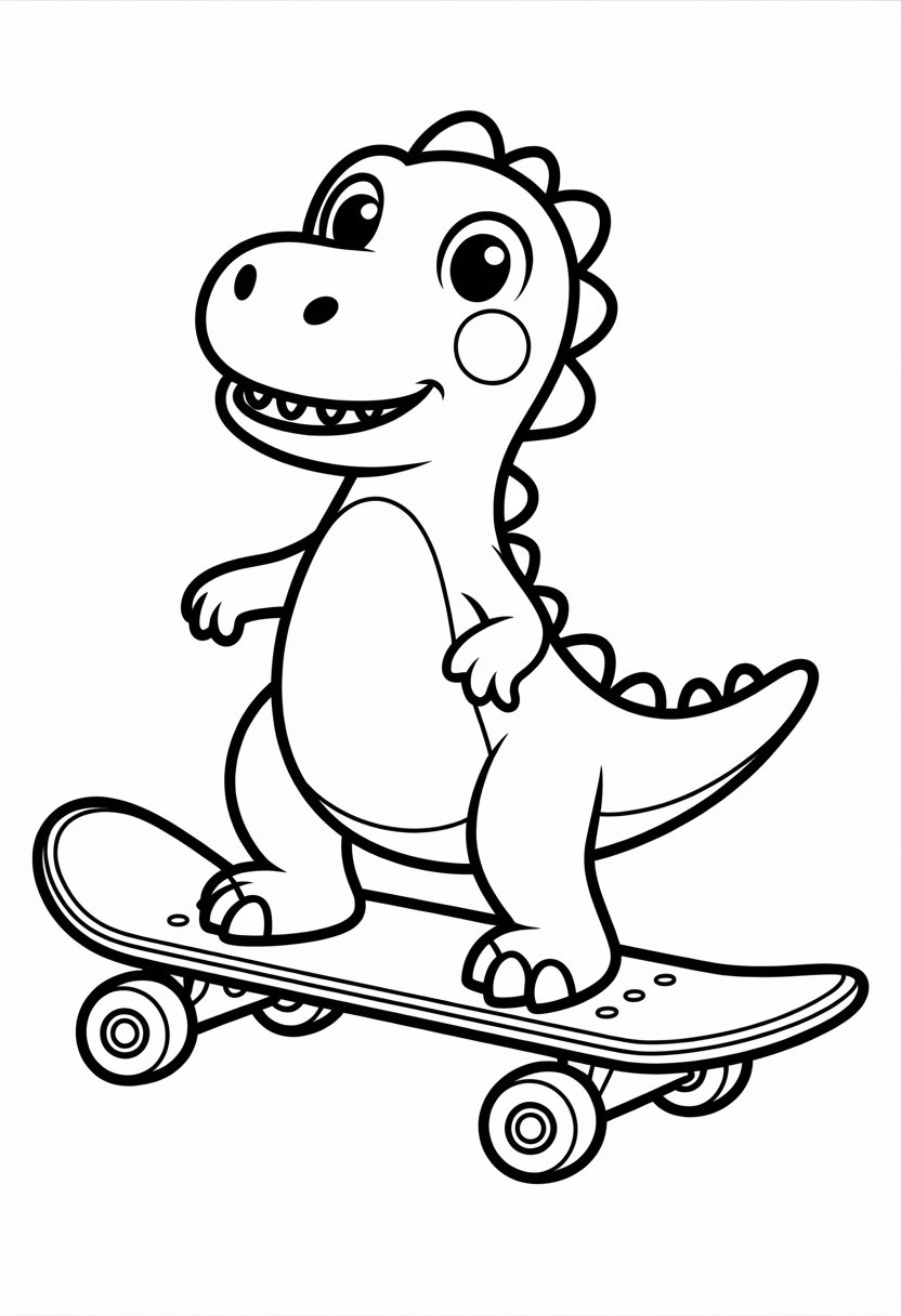 Cute Dinosaur Coloring Pages for Kids: 20 Fun and Easy Designs 42 A cute dinosaur riding a skateboard with a happy expression.